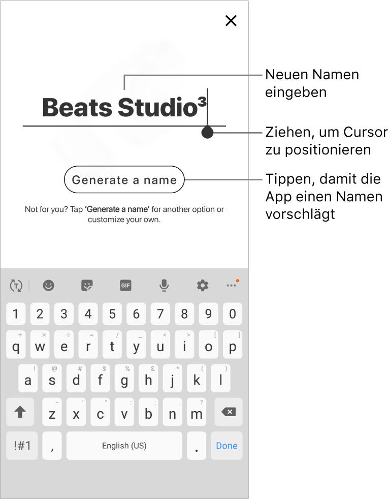 Bildschirm „Umbenennen“ mit aktiver Namensbearbeitung und „Name erzeugen“