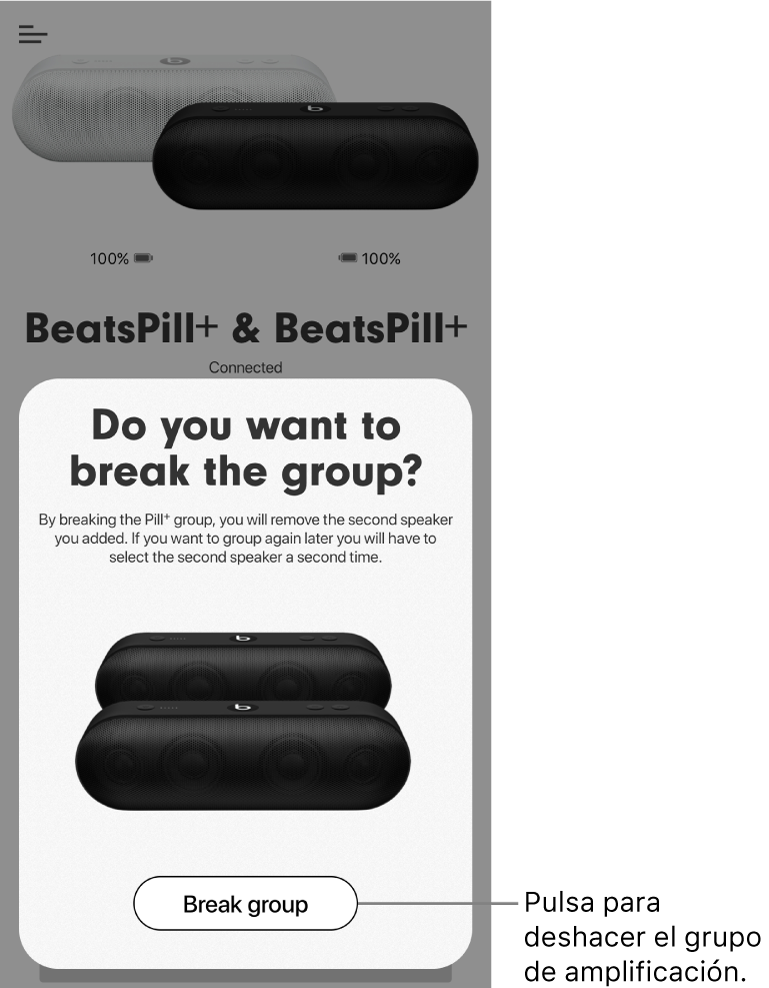 La app Beats con la tarjeta “Deshacer grupo”