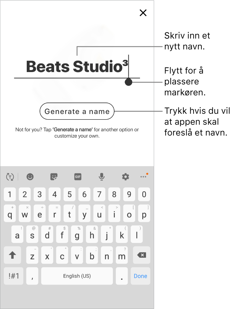 Skjerm for endring av navn der redigering av navnet pågår, og teksten «Generer et navn» vises.