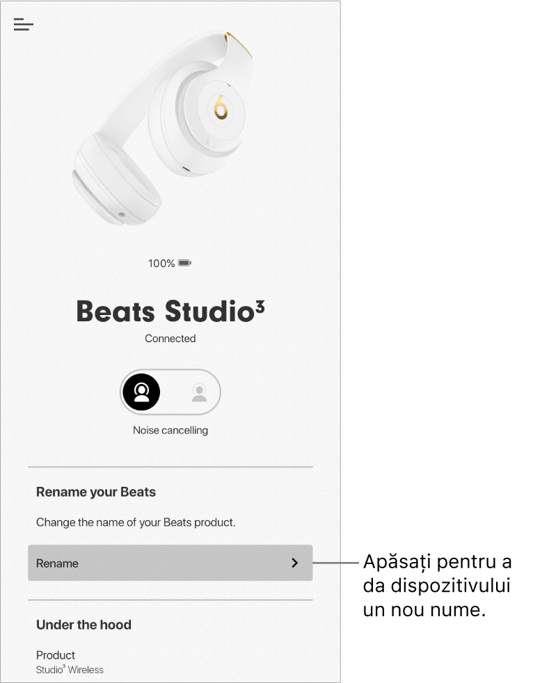 Ecranul dispozitivului Studio3 afișând butonul Redenumiți