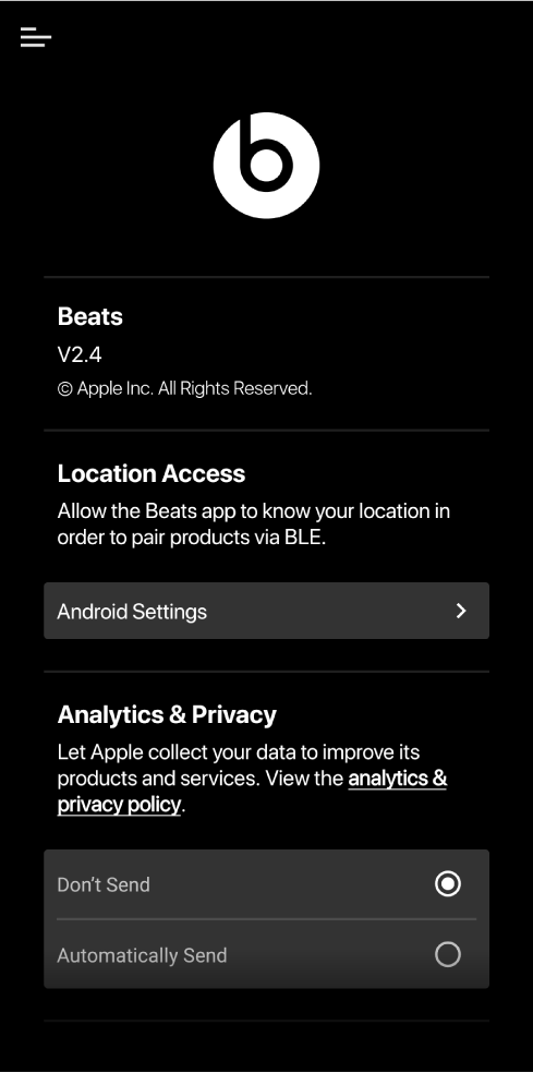 Beats uygulama sürümünü, Konum Erişimi ayarlarını ve Analiz ve Gizlilik ayarlarını gösteren Beats uygulama ayarları