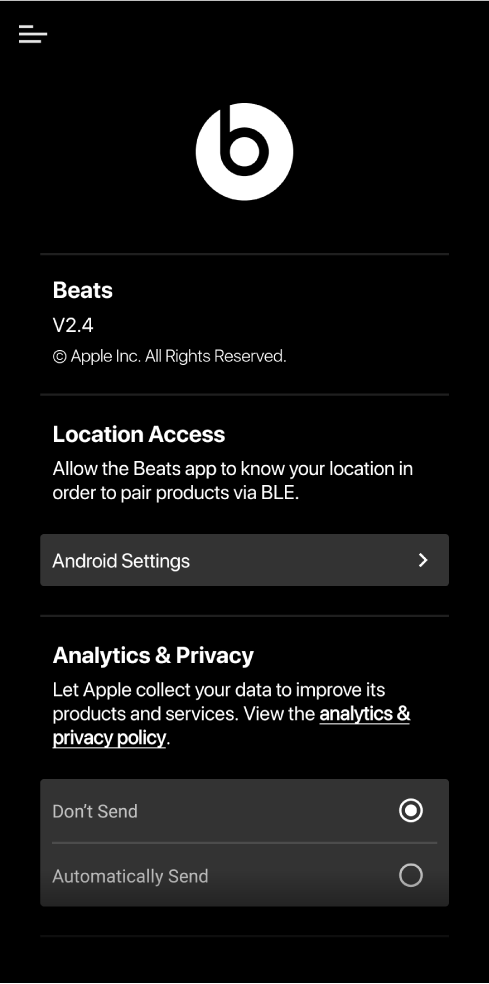 Beats App 設定正在顯示 Beats App 版本、「位置取用」設定以及「分析與私隱」設定