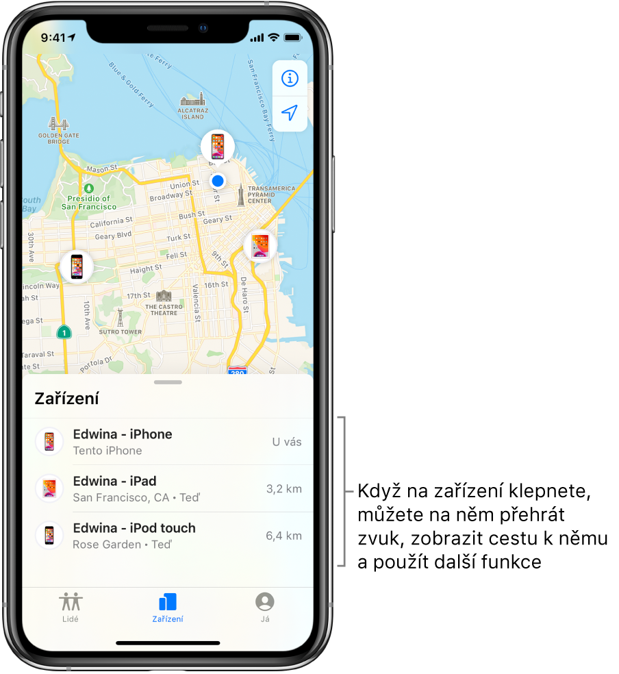 Obrazovka aplikace Najít s otevřeným panelem Zařízení. V seznamu Zařízení jsou zobrazena tři zařízení: Evin iPhone, Evin iPad a Evin iPod touch. Na mapě San Franciska je zobrazena poloha každého z nich.