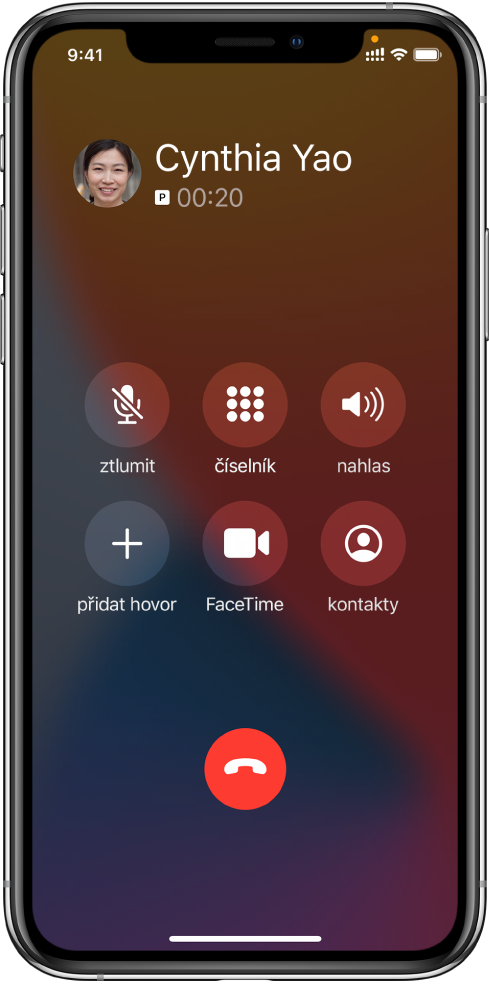 Obrazovka iPhonu s tlačítky voleb používaných při volání. V horním řádku zleva doprava tlačítka vypnutí zvuku, číselníku a reproduktorů. V dolním řádku zleva doprava tlačítka pro přidání hovoru, FaceTime a kontakty.