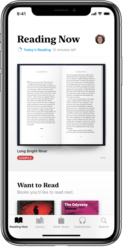 The Reading Now screen in the Books app. At the bottom of the screen are, from left to right, the Reading Now, Library, Book Store, Audiobooks and Search tabs.