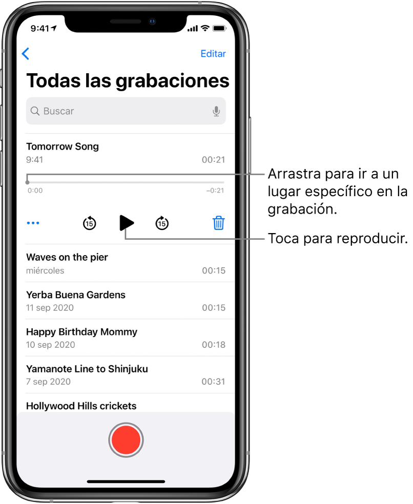 La pantalla de Notas de Voz con una grabación seleccionada en la parte superior. La línea del tiempo de la grabación tiene un cursor de reproducción, que puedes arrastrar para ir a un punto específico de la grabación. En cada extremo se encuentra el tiempo de inicio y el tiempo de fin. Debajo de la línea del tiempo se encuentra el botón Más, que puedes tocar para editar, duplicar o compartir la grabación; y los botones para retroceder 15 segundos, reproducir, avanzar 15 segundos y eliminar. Debajo se encuentra una lista de grabaciones que se pueden abrir con un toque.