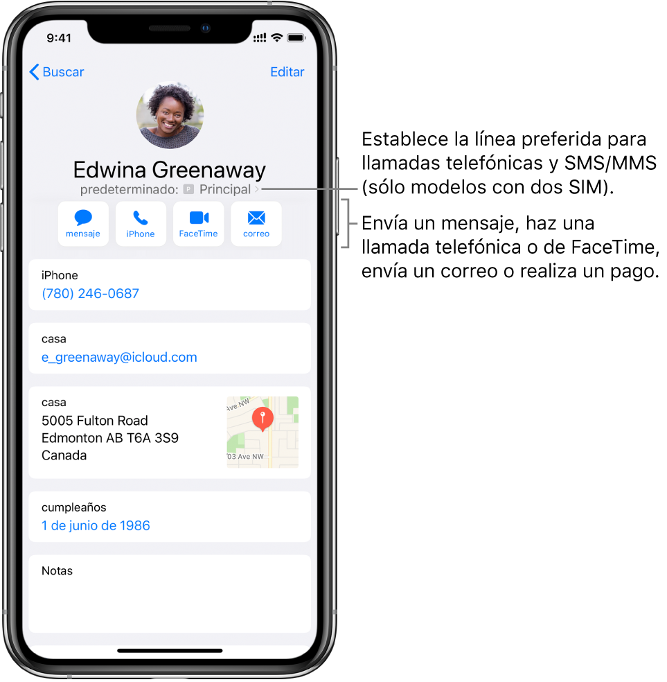La pantalla de información de un contacto. En la parte superior se encuentra el nombre y la foto del contacto. Debajo se encuentran los botones para enviar un mensaje, realizar una llamada de teléfono, realizar una llamada de FaceTime, enviar un mensaje de correo y enviar dinero con Apple Pay. Debajo de los botones se encuentra la información de contacto.