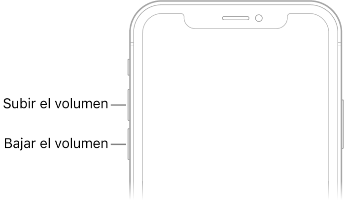 El área superior del frente del iPhone con los botones para subir y bajar volumen en la parte superior izquierda.