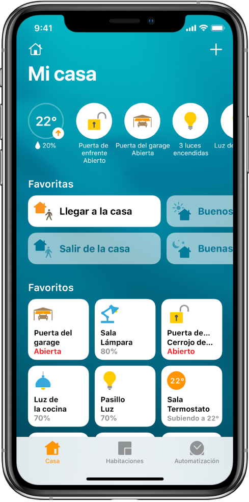 La pestaña Casa mostrando ambientaciones y accesorios que han sido marcados como favoritos. Se muestran los botones de estado del accesorio. Las otras pestañas de la parte inferior son Habitaciones y Automatización.