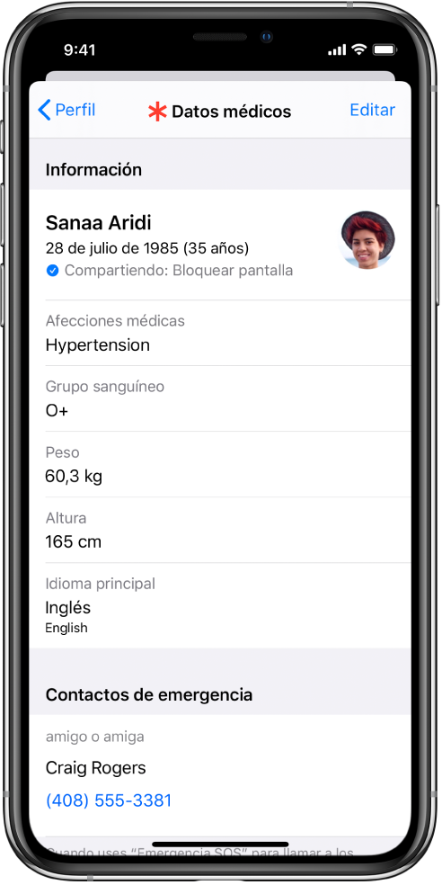 La pantalla “Datos médicos” con información como la fecha de nacimiento, afecciones médicas, medicación y un contacto de emergencia.