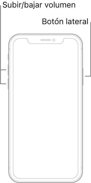 Ilustración de un modelo de iPhone sin botón de inicio boca arriba. Los botones de subir y bajar el volumen se encuentran en el lado izquierdo del dispositivo y hay un botón lateral en el derecho.