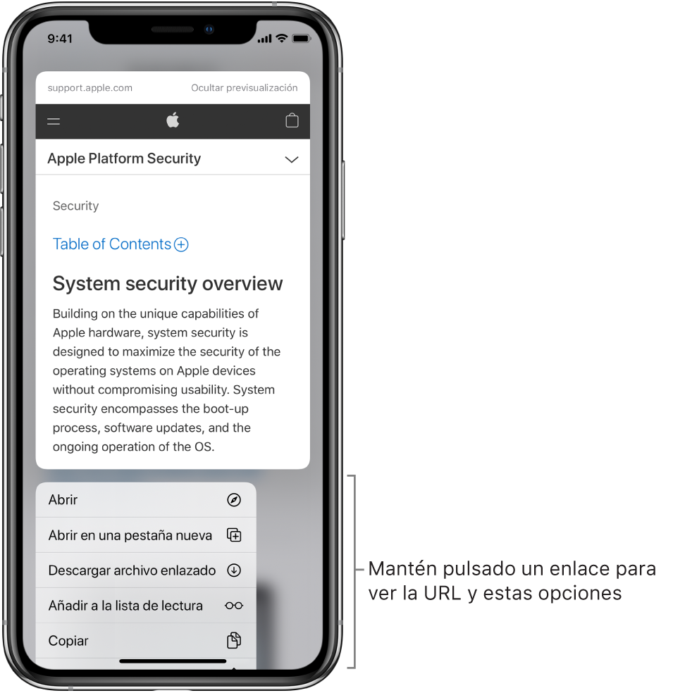 Superposición con una vista previa de la dirección URL de destino seguida de una lista de posible acciones: Abrir, “Añadir a la lista de lectura”, “Añadir a Fotos”, Copiar y Compartir.
