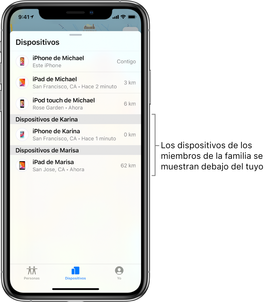 Pestaña Dispositivos en Buscar. Los dispositivos de Manuel están en la parte superior de la lista. Debajo está el iPhone de Carmen y el iPad de Marisa.