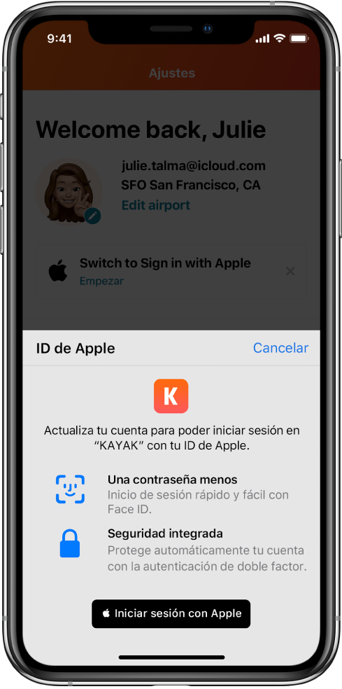 App que muestra el botón “Iniciar sesión con Apple”.