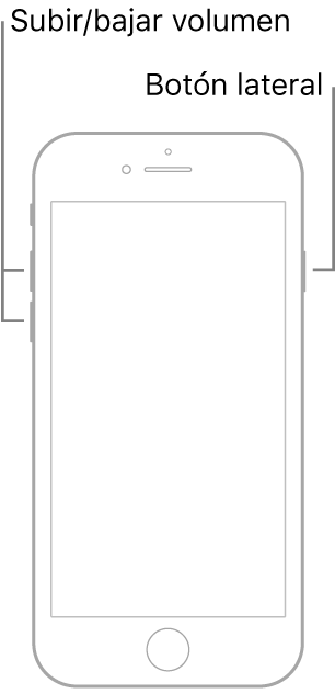 Ilustración de un modelo de iPhone con botón de inicio boca arriba. Los botones de subir y bajar el volumen se encuentran en el lado izquierdo del dispositivo y hay un botón lateral en el derecho.