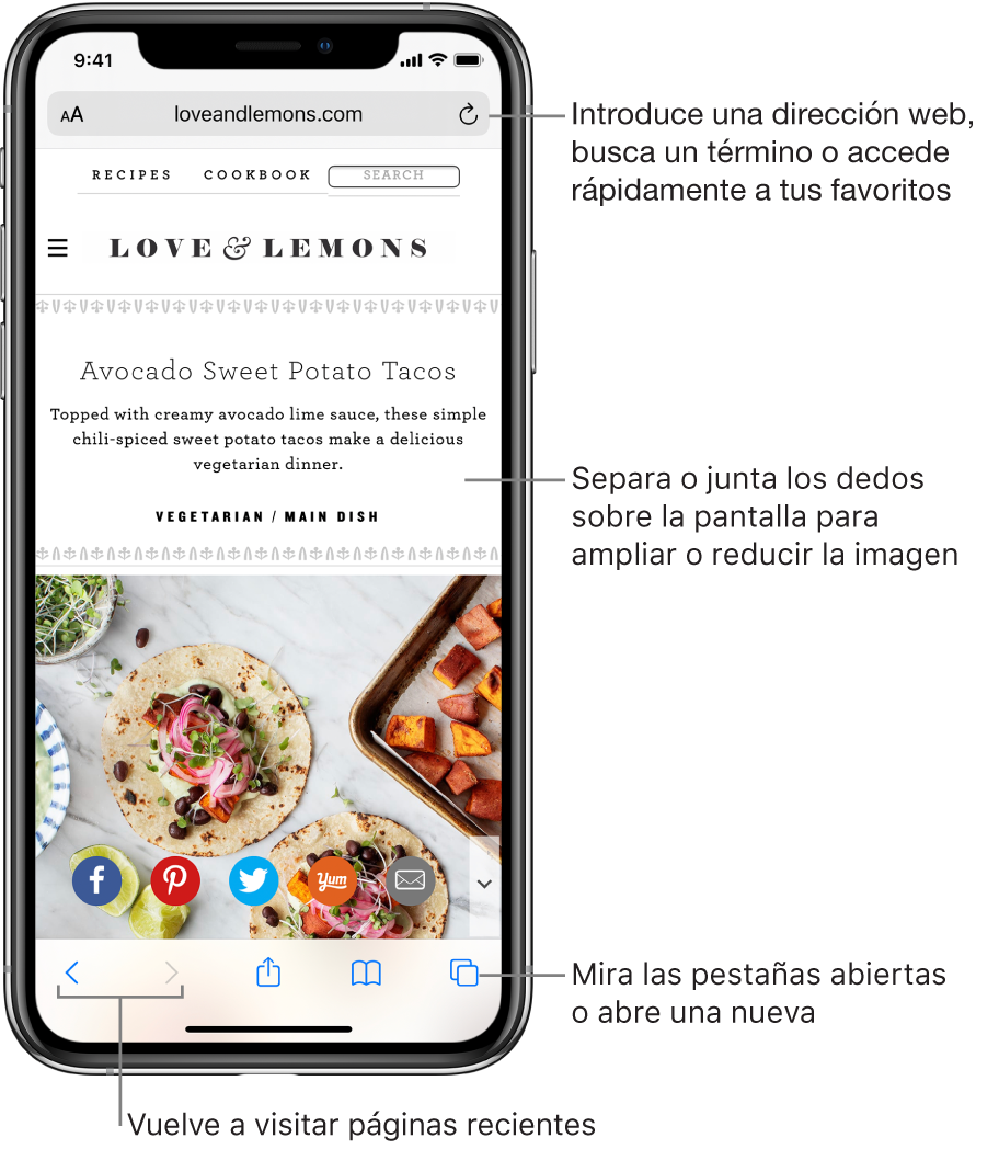 Sitio web abierto en Safari con el campo de dirección en la parte superior. En la parte inferior, de izquierda a derecha, se encuentran los botones Atrás, Adelante, Compartir, Marcadores y Páginas.