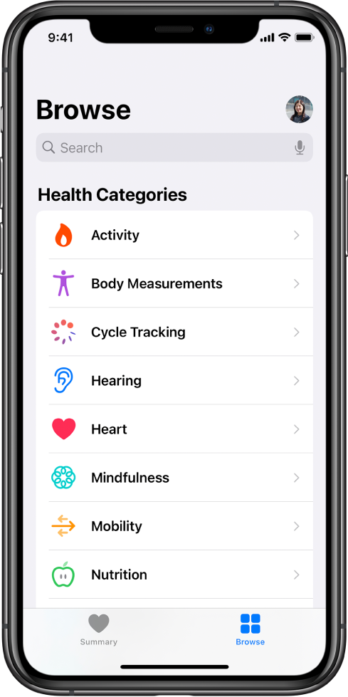 Rakenduse Health kuva Health Categories.
