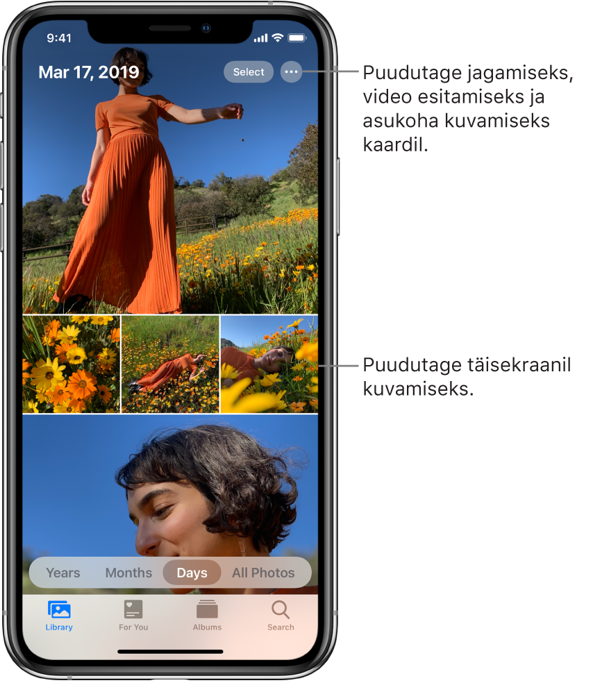 Fotokogu kuvatakse Days-vaates. Valik foto-pisipilte täidab ekraani. Ekraani ülemises vasakus servas on fotode tegemise kuupäev ja asukoht. Üleval paremal on nupud Select ja More Options fotode jagamiseks ja üksikasjade kuvamiseks. Pisipiltide all on valikud fotokogu vaatamiseks valikute Years, Months, Days ja All Photos kaupa. Alaservas on vahekaardid Library, For You, Albums ja Search.