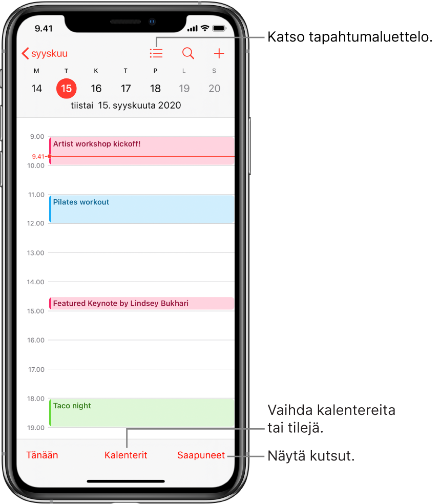 Kalenterinäkymä, jossa näkyvät päivän tapahtumat. Jos haluat muuttaa kalenteritilejä, napauta alareunassa olevaa Kalenterit-painiketta. Voit näyttää kutsut napauttamalla oikeassa alakulmassa olevaa Saapuneet-painiketta.