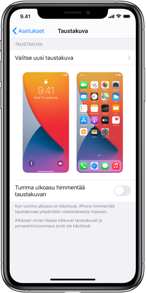 Taustakuvan asetusten näyttö, jonka yläosassa on painike uuden taustakuvan valitsemiselle ja jossa ovat kuvat nykyisestä lukitusta näytöstä ja Koti-valikosta.