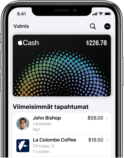 Apple Cash -kortti Walletissa, Lisää-painike yläoikealla ja viimeisimmät tapahtumat kortin alapuolella.