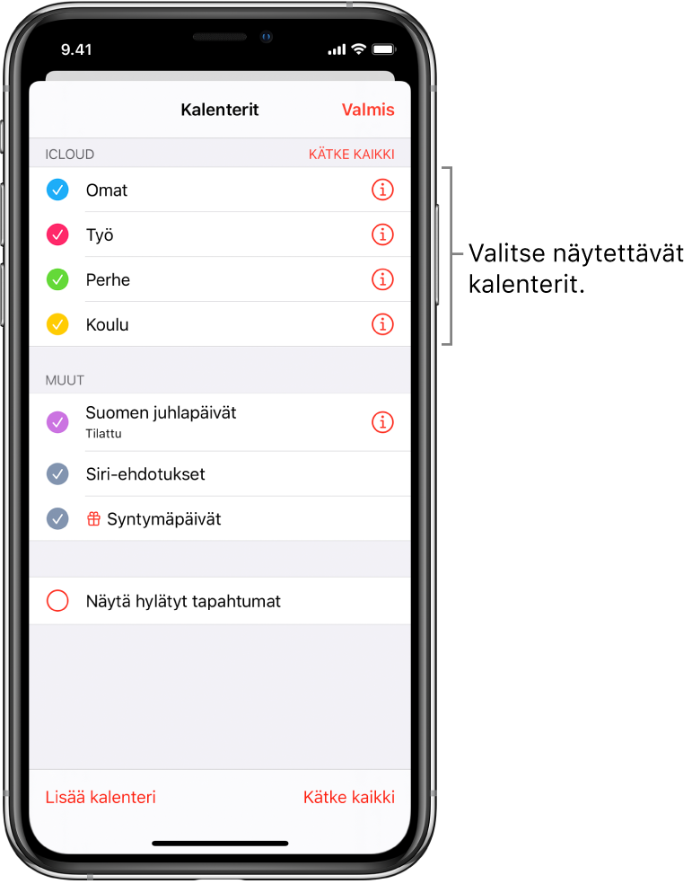 Aktiiviset kalenterit on merkitty kalenteriluettelossa tarkistusmerkillä. Valmis-painike luettelon sulkemista varten on oikeassa yläkulmassa.