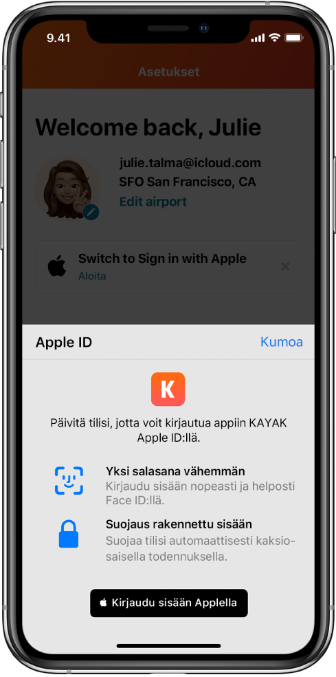 Appi, jossa näkyy Kirjaudu sisään Applella -painike.
