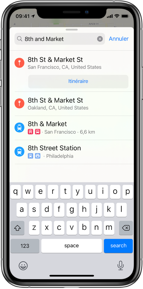 La fiche de recherche affichant une recherche vocale pour « 8th et Market » avec plusieurs résultats.