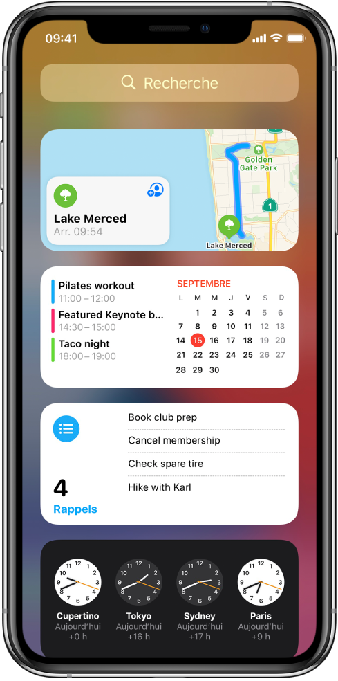 Widgets de la vue Aujourd’hui sur l’iPhone, comprenant les widgets Plans, Calendrier, Rappels et Horloge.