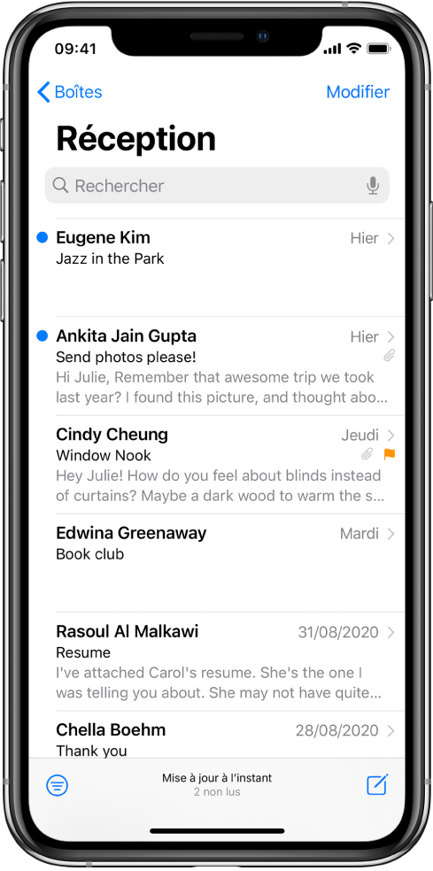 Un aperçu d’un e-mail dans la Boîte de réception avec le nom de l’expédition, l’heure à laquelle l’e-mail a été envoyé, la ligne d’objet et les deux premières de l’e-mail.