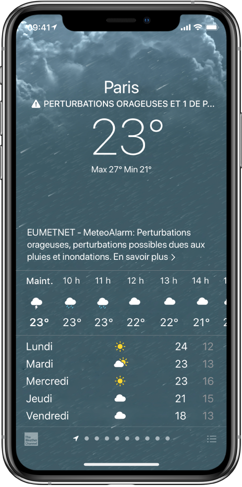 Écran Météo affichant, de haut en bas : le lieu, un avertissement pour orage violent, la température actuelle, les températures maximale et minimale du jour, et un graphique qui montre les niveaux de précipitation pour la prochaine heure. En bas de l’écran sont affichées les prévisions heure par heure, suivies d’une rangée de points qui montre le nombre de lieux qui figurent dans la liste des lieux. Dans l’angle inférieur droit se trouve le bouton « Modifier les villes ».