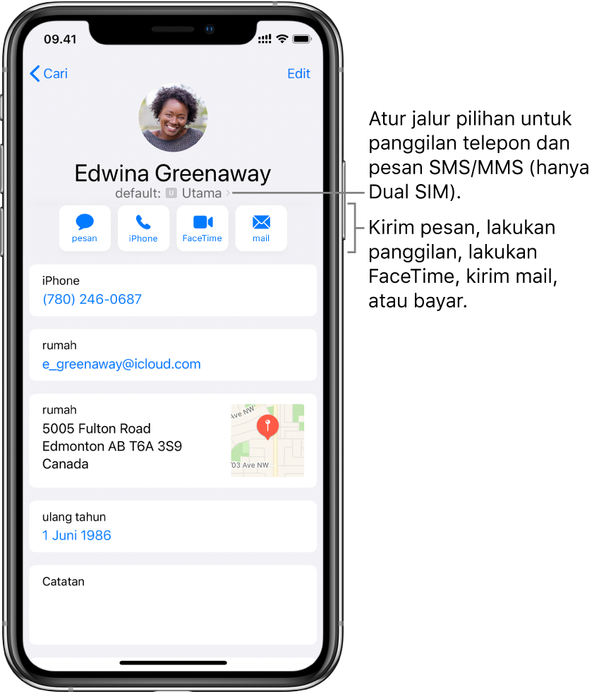 Layar info untuk kontak. Di bagian atas adalah nama dan foto kontak. Di bawahnya adalah tombol-tombol untuk mengirimkan pesan, melakukan panggilan telepon, melakukan panggilan FaceTime, mengirimkan pesan email, dan mengirim uang dengan Apple Pay. Di bawah tombol terdapat informasi kontak.