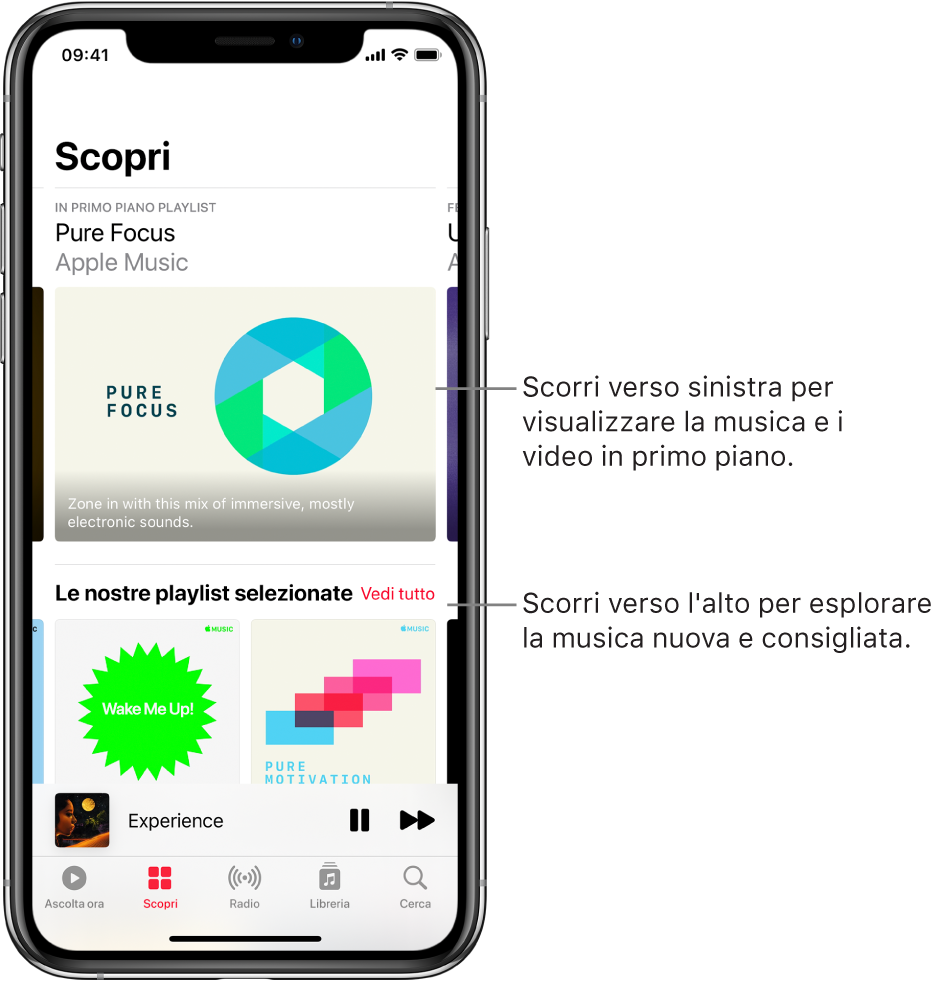 La schermata Sfoglia che mostra la musica in primo piano nella parte superiore. Puoi scorrere verso sinistra per visualizzare altra musica e altri video in primo piano. Una sezione di brani da ascoltare viene visualizzata in basso e mostra due stazioni di Apple Music. Viene mostrato un pulsante “Visualizza tutto” a destra della sezione dei brani da ascoltare. Puoi scorrere verso l'alto sullo schermo per scoprire musica nuova e consigliata.