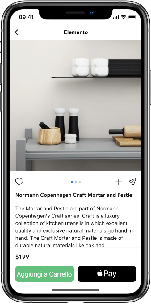 Un'app che mostra una schermata di pagamento con il pulsante “Acquista con Apple Pay”.