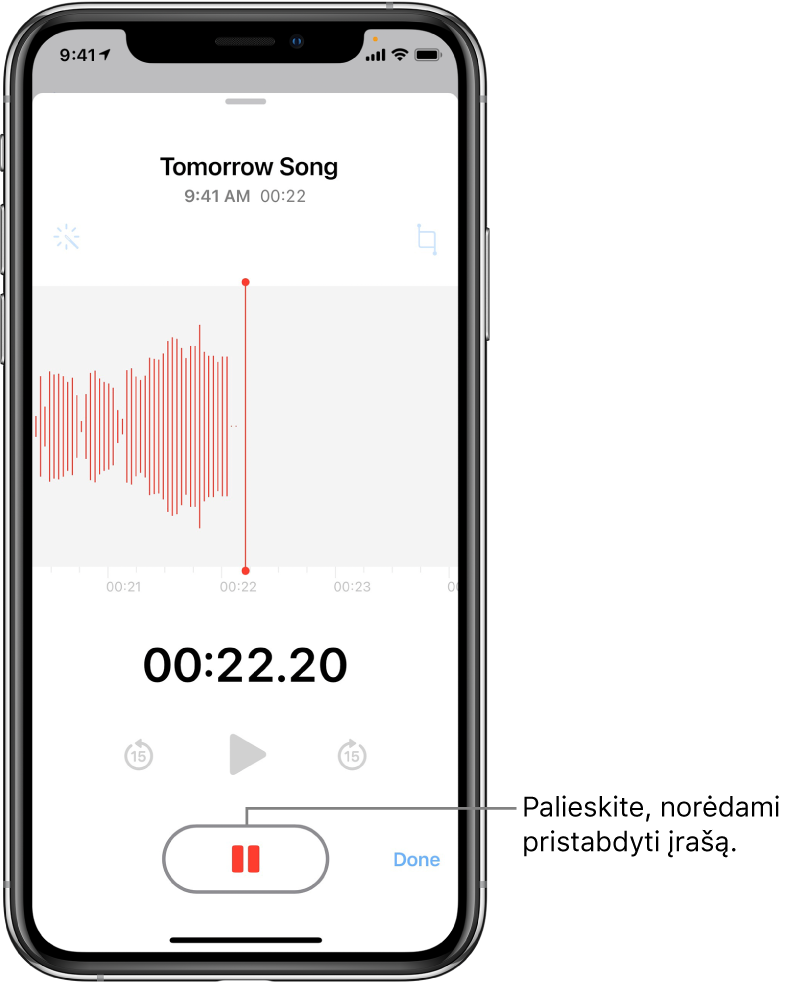 „Voice Memos“ ekrane rodomas vykstantis įrašymas ir aktyvus mygtukas „Pause“ bei pritemdyti atkūrimo valdikliai, peršokantys 15 sekundžių pirmyn arba atgal. Pagrindinėje ekrano dalyje rodoma vykstančio įrašymo bangos forma kartu su laiko indikatoriumi. Oranžinis naudojamo mikrofono indikatorius rodomas viršuje, dešinėje.