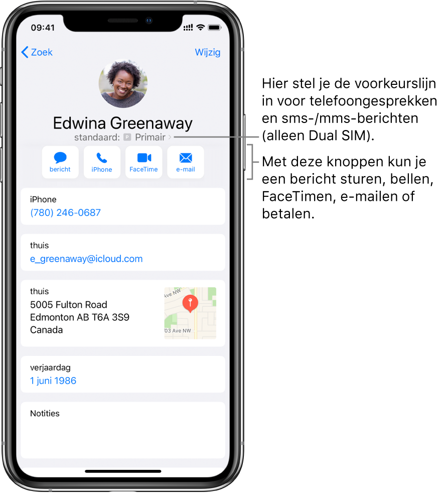 Het informatiescherm voor een contactpersoon. Bovenin staan de naam en foto van de contactpersoon. Daaronder staan knoppen voor het versturen van een bericht, bellen met de telefoon, bellen met FaceTime, het sturen van een e-mail en het sturen van geld via Apple Pay. Onder de knoppen vind je de contactgegevens.