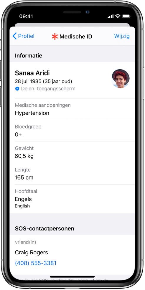Een scherm van je medische ID met gegevens zoals geboortedatum, medische aandoeningen, medicatie en een contact voor noodgevallen.