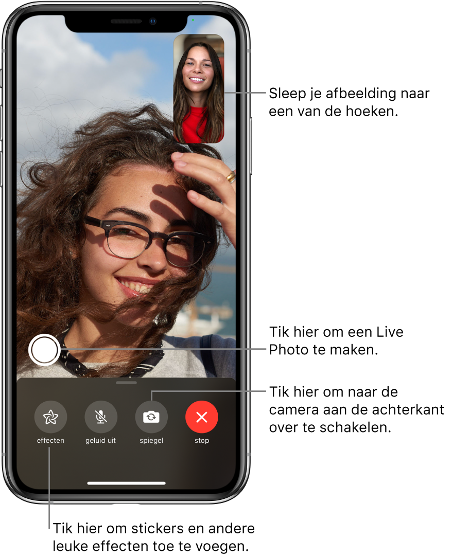 Het FaceTime-scherm met daarin een gesprek dat aan de gang is. Het beeld van jezelf wordt weergegeven in een kleine rechthoek rechtsbovenin, terwijl het beeld van je gesprekspartner de rest van het scherm vult. Onder in het scherm zie je de knoppen voor effecten, geluid uit, andere camera en het stoppen van het gesprek. Daarboven zie je de knop voor het maken van een Live Photo.