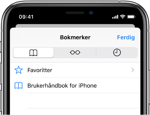 Bokmerker-skjermen med valg for å se favoritter og nettleserloggen, i tillegg til bokmerkene dine.