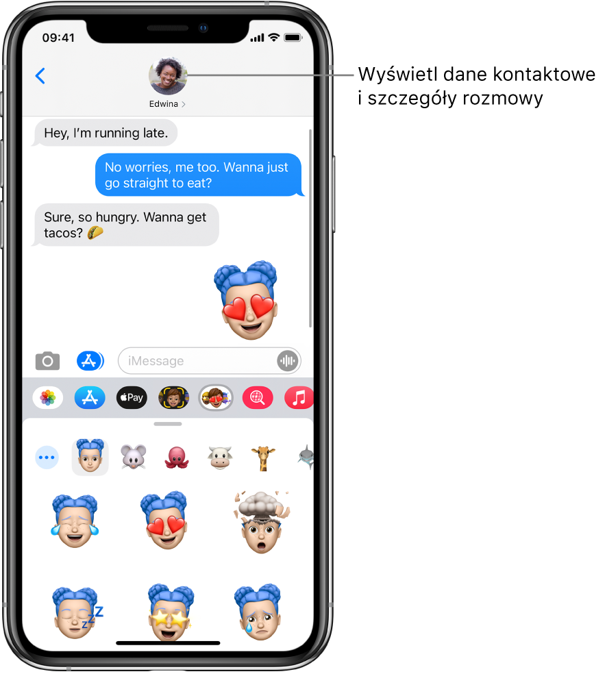 Rozmowa w aplikacji Wiadomości. U góry (od lewej): przycisk powrotu i zdjęcie rozmówcy. Na środku wyświetlane są wysłane i odebrane wiadomości. Na dole (od lewej) znajdują się przyciski Zdjęcia, Sklep, Apple Pay, Memoji, Obrazki hasztagowe, Muzyka i Digital Touch.