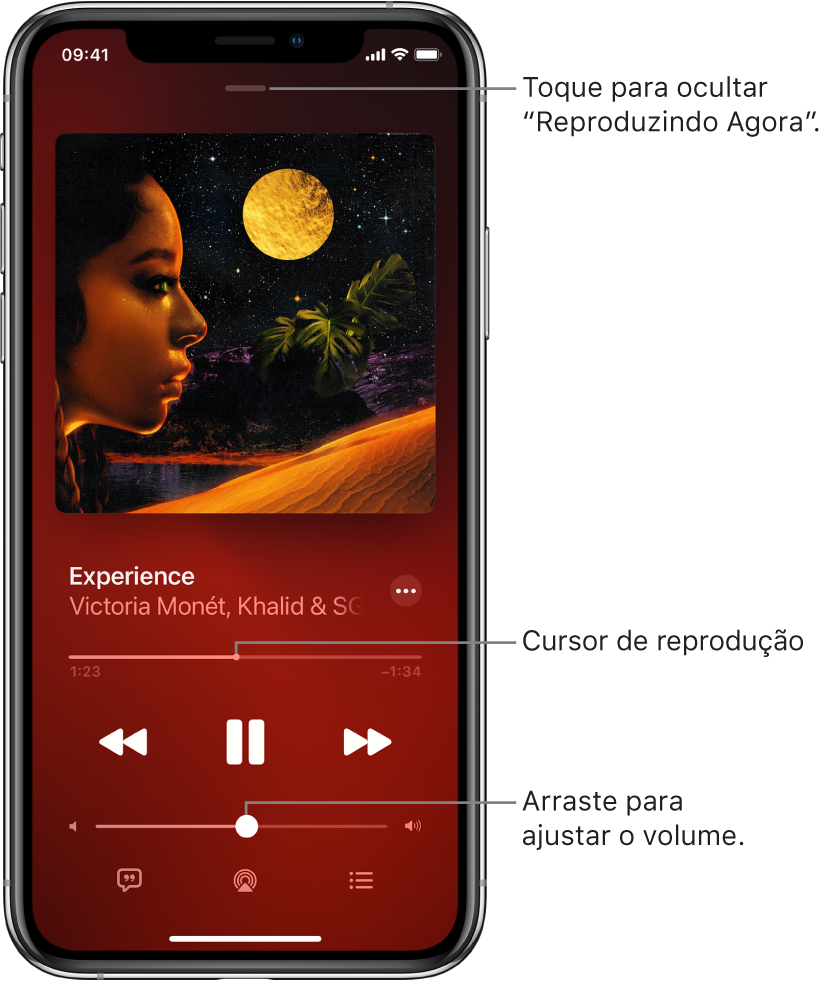 A tela Reproduzindo mostrando a capa do álbum. Abaixo encontram-se o título da música, o nome do artista, o botão Mais, o cursor de reprodução, os controles de reprodução, o controle de volume, o botão Letra, o botão Destino da Reprodução e o botão Fila. O botão Ocultar Reproduzindo encontra-se na parte superior.