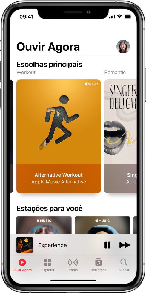 A tela Ouvir Agora mostrando o botão de perfil na parte superior direita. As playlists de Top Picks aparecem abaixo. Abaixo de Escolhas Principais, a seção Estações para Você, mostrando duas estações.