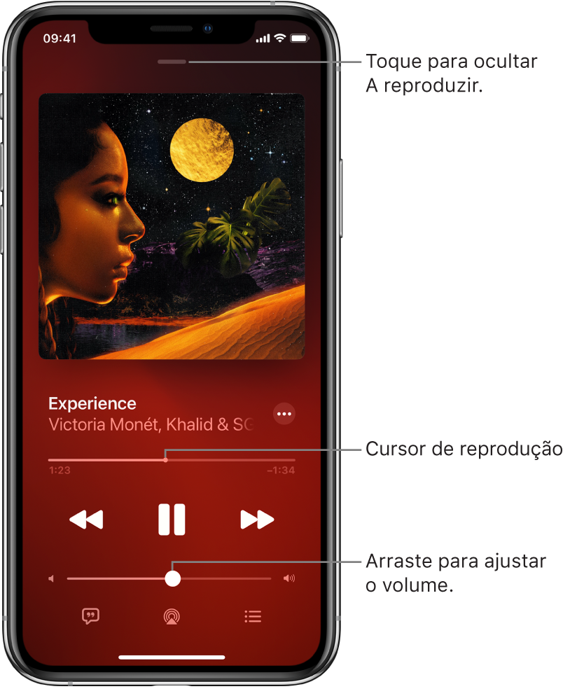 O ecrã “A reproduzir” com o grafismo do álbum. Por baixo estão o título da música, o nome do intérprete, o botão Mais, o cursor de reprodução, os controlos de reprodução, o nivelador de volume, o botão Letra, o botão Destino da reprodução e o botão Fila. O botão “Ocultar a reproduzir” está na parte superior.