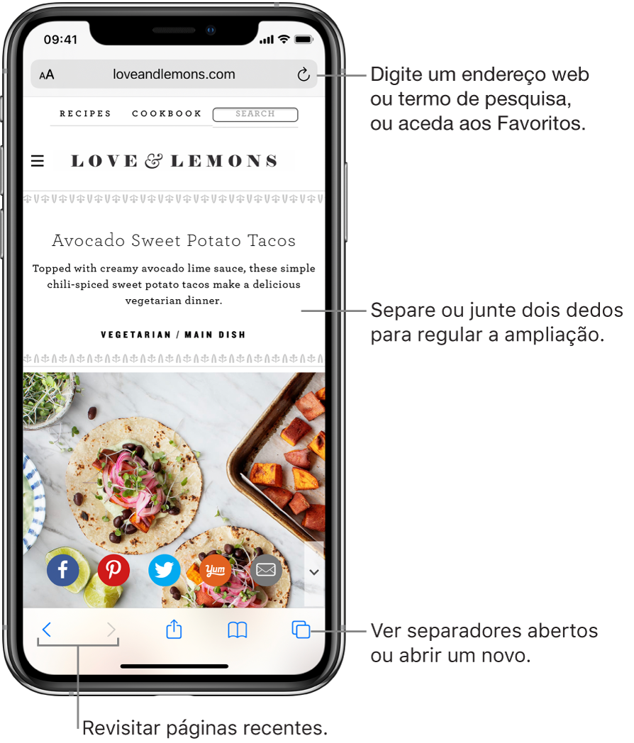 Um site aberto no Safari, com o campo para o endereço em cima. Em baixo, da esquerda para a direita, estão os botões Anterior, Seguinte, Partilhar, Marcadores e Páginas.