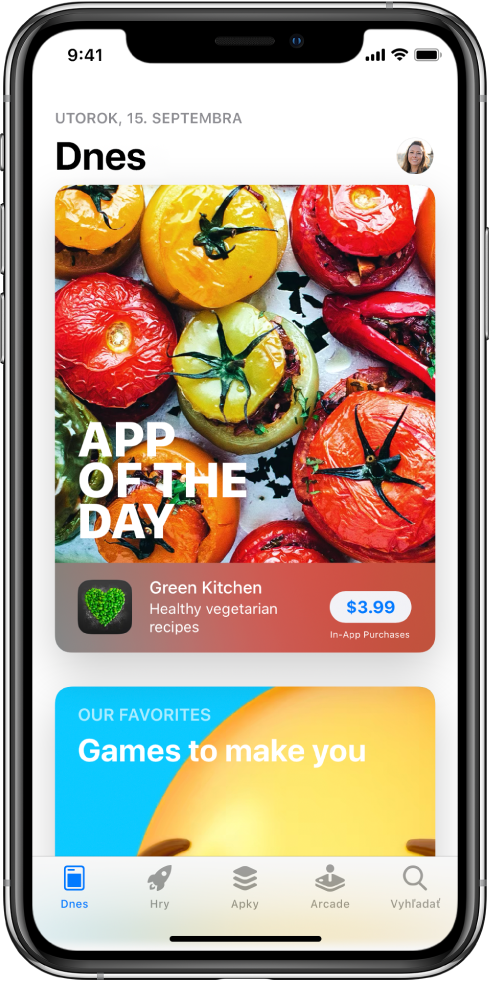 Obrazovka Dnes v App Store zobrazujúca odporúčanú apku. Vpravo hore sa nachádza váš profilový obrázok. Keď naň klepnete, zobrazia sa vaše nákupy a môžete spravovať svoje odbery. V dolnej časti sa zľava doprava nachádzajú taby Dnes, Hry, Apky, Arcade a Vyhľadať.