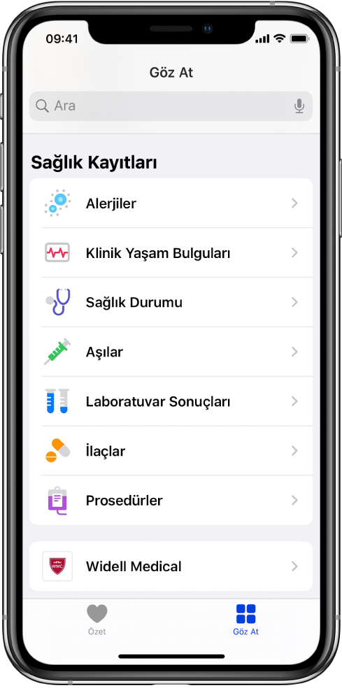Sağlık uygulamasında Sağlık Kayıtları ekranı. Ekranda Alerjiler, Klinik Yaşam Bulguları ve Koşulları içeren kategorileri listeler. Kategorilerin listesinin altında Widell Medical’in düğmesi vardır. Ekranın en altında Göz At düğmesi seçili.