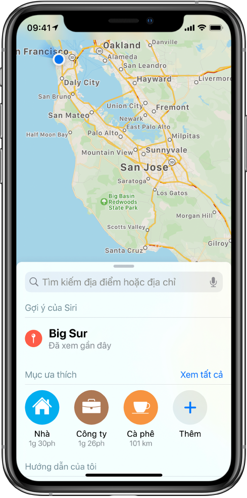 Một bản đồ khu vực Vịnh San Francisco, với ba mục ưa thích được hiển thị ở cuối màn hình. Các mục ưa thích là Nhà, Công ty và Quán cà phê.