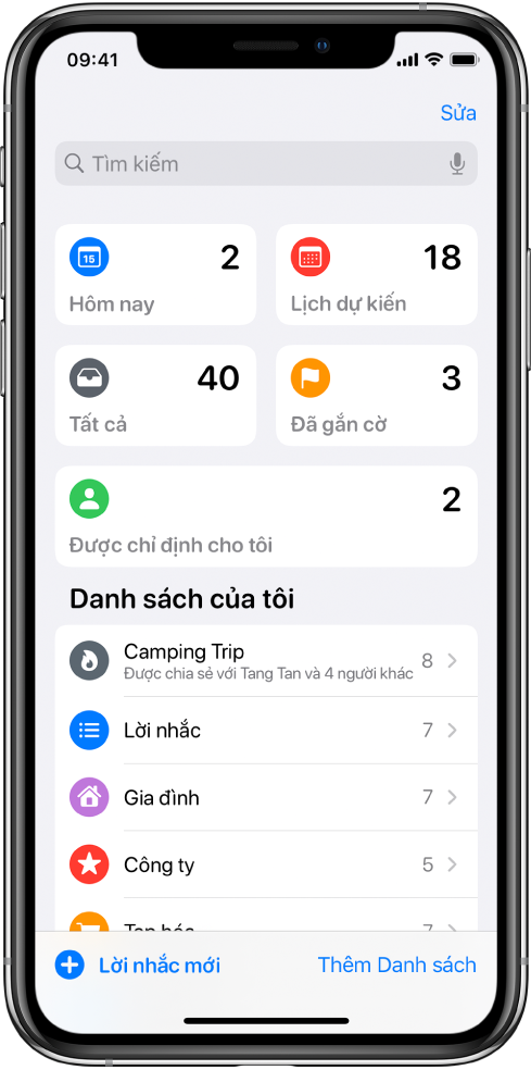 Một màn hình đang hiển thị một số danh sách trong Lời nhắc. Danh sách thông minh xuất hiện ở trên cùng cho các lời nhắc đến hạn hôm nay, lời nhắc theo lịch và lời nhắc được gắn cờ. Nút Thêm danh sách ở dưới cùng bên phải.