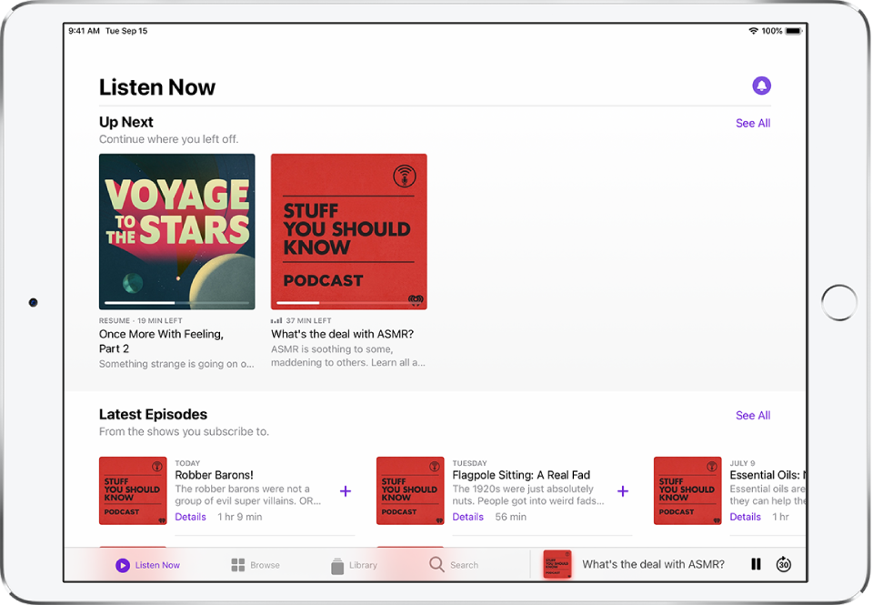 The Library tab showing recently updated episodes.