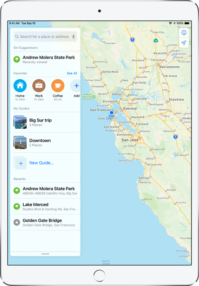 The search card appears on the left side of a map. The section for My Guides appears below the Favorites row. In the My Guides section are guides named “Big Sur trip” and “Downtown,” and an option for creating a new guide.
